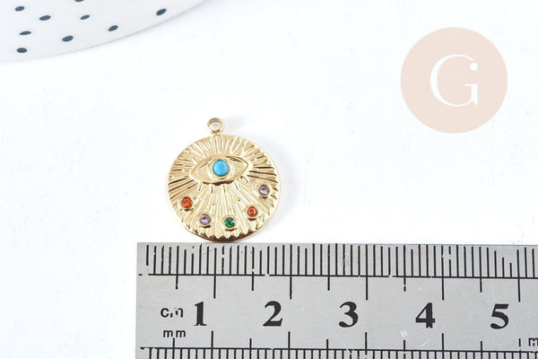 Pendentif rond oeil acier 304 inoxydable doré I¨P zircons multicolores 18mm, x1 (G8716)
