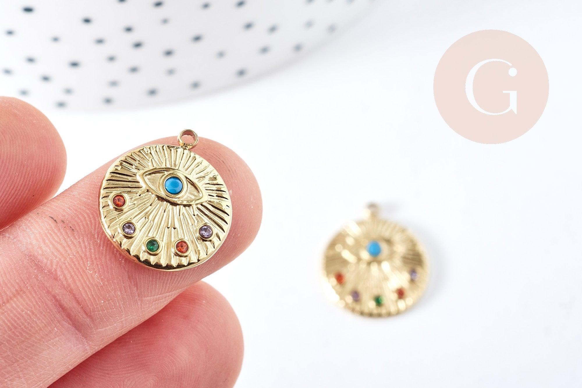 Pendentif rond oeil acier 304 inoxydable doré I¨P zircons multicolores 18mm, x1 (G8716)