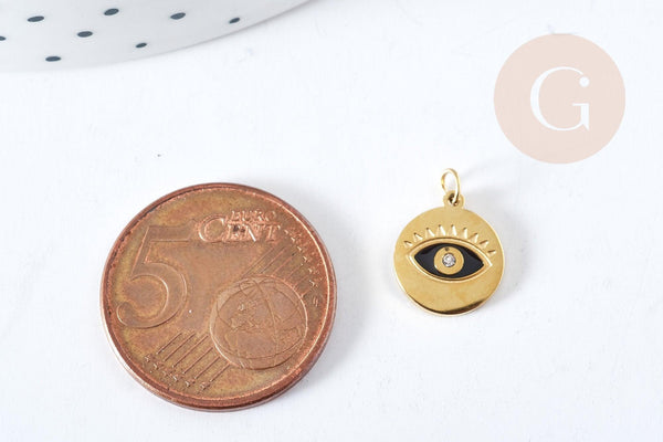 Pendentif rond oeil acier doré 316 inoxydable émaillé 11.5mm, x1 (G8856)