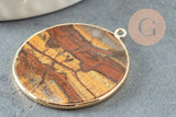 Pendentif rond oeil de tigre naturel laiton doré 32mm, x1 (G3082)