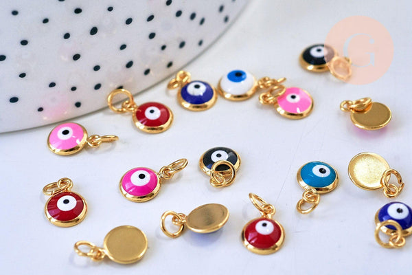 Pendentif rond oeil protecteur émail laiton doré 18K 11mm,x1 (G5647)