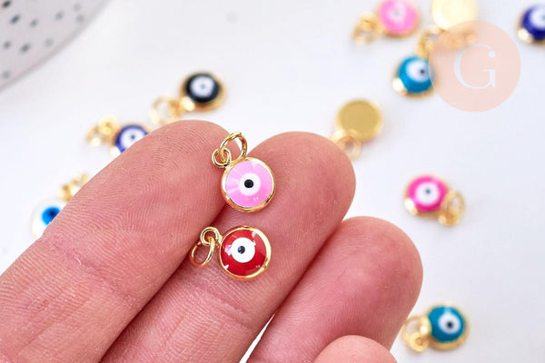 Pendentif rond oeil protecteur émail laiton doré 18K 11mm,x1 (G5647)
