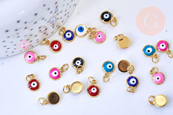 Pendentif rond oeil protecteur émail laiton doré 18K 11mm,x1 (G5647)