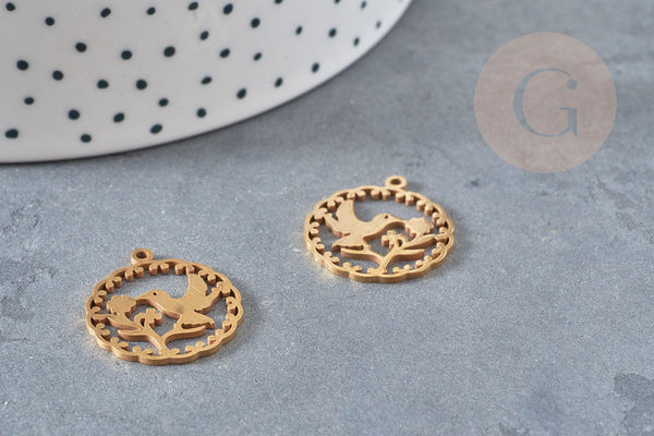 Pendentif rond oiseau colibri acier 201 inoxydable doré 22.5mm, x1 (G4836)