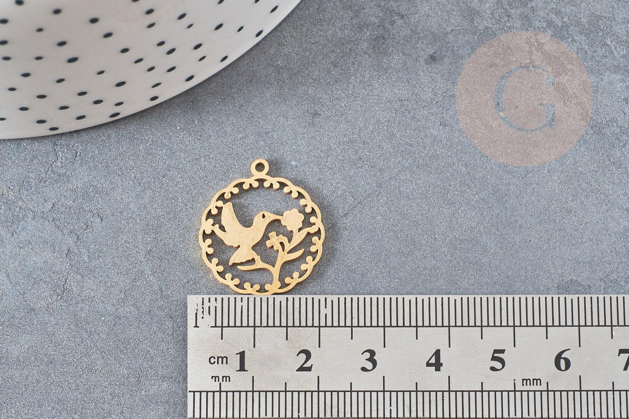 Pendentif rond oiseau colibri acier 201 inoxydable doré 22.5mm, x1 (G4836)