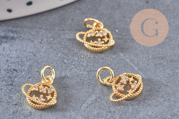 Pendentif rond planète et étoiles laiton doré 18K zircon, un pendentif doré avec cristaux pour création bijoux,10.5mm, x1 G5517