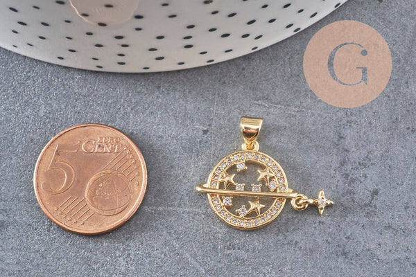 Pendentif rond planète étoiles laiton doré 18K zircons 21mm,pendentif doré création bijoux, x1 (G7388)