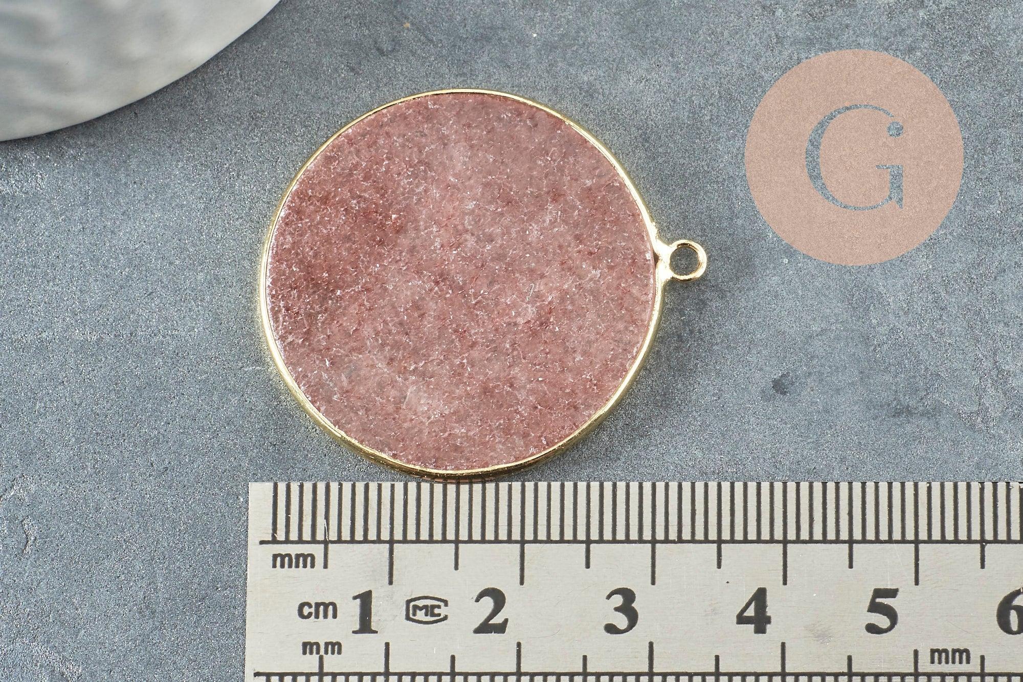 Pendentif rond quartz fraise naturel laiton doré 32mm, x1 (G3134)