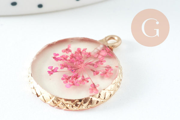 Pendentif rond résine fleurs séchées violettes 24mm, pendentif fleur de rose et or, création de bijoux originaux, x1 G5740