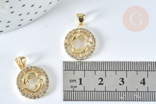 Pendentif rond signe astrologie poissons laiton doré zircons blancs 19mm, x1 (G7419)