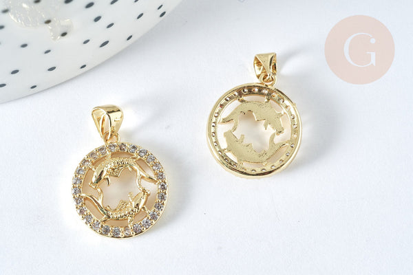 Pendentif rond signe astrologie poissons laiton doré zircons blancs 19mm, x1 (G7419)