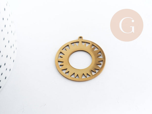 Pendentif rond soleil acier 201 inoxydable doré 33mm, création bijoux résistants x1 G6150