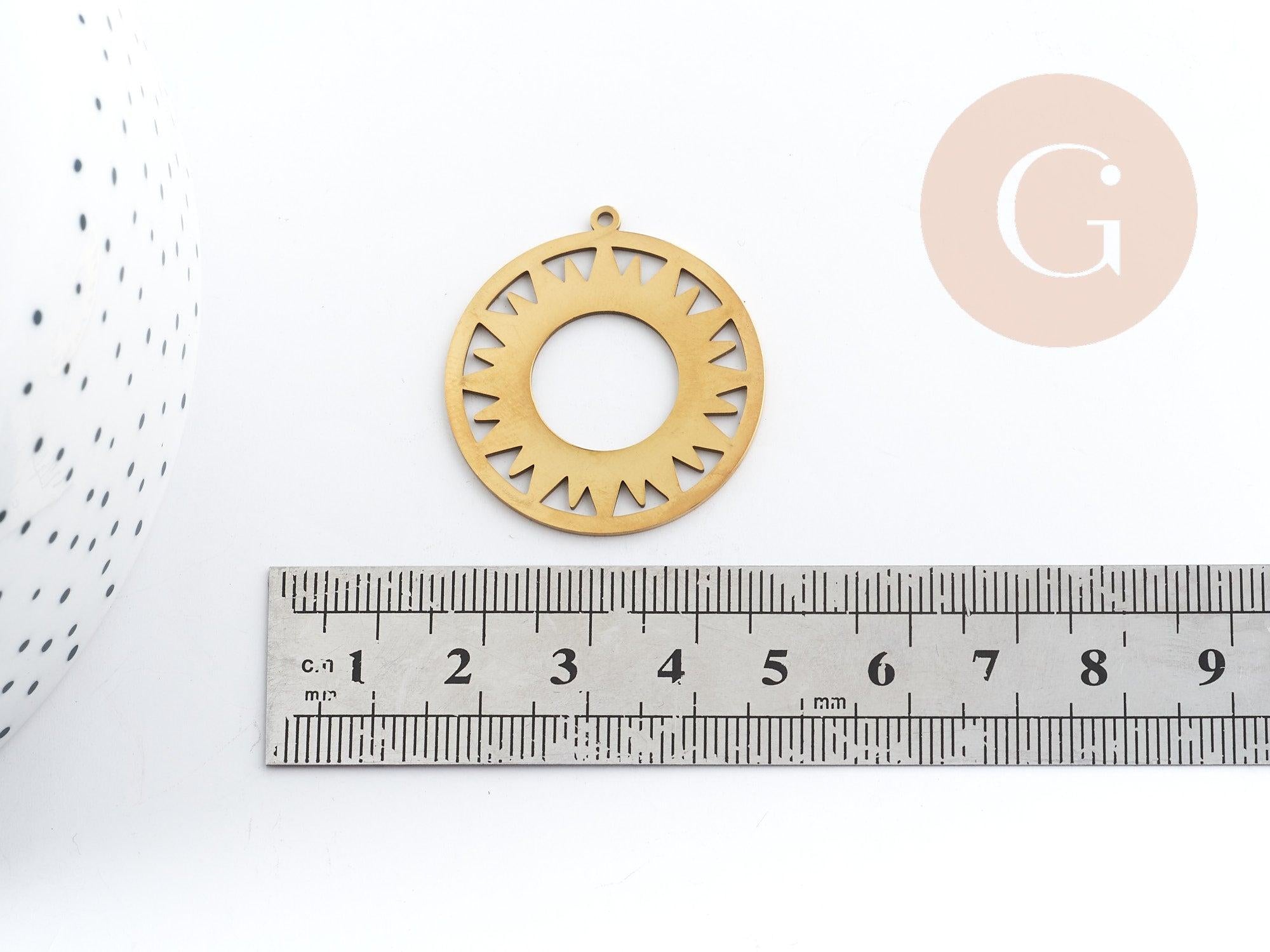 Pendentif rond soleil acier 201 inoxydable doré 33mm, création bijoux résistants x1 G6150