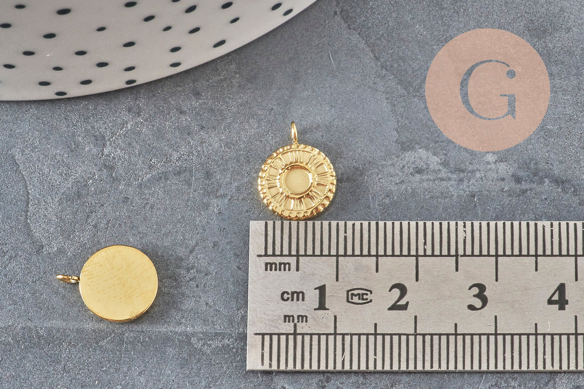 Pendentif rond soleil acier inoxydable 304 doré 14K IP 12.5mm, x1 (G8774)-Breloques et pendentifs-Gingerlily Perles