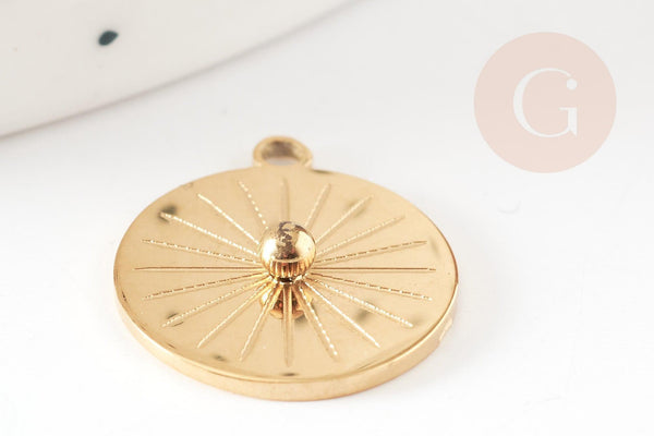 Pendentif rond soleil acier inoxydable 304 doré 14K IP 17.5mm, pendentif bijoux chance, x1 G9272