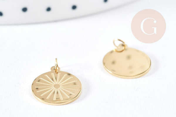 Pendentif rond soleil acier inoxydable 316L doré IP 14mm, x1 (G8741)