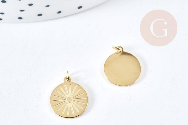 Pendentif rond soleil acier inoxydable 316L doré IP 14mm, x1 (G8741)