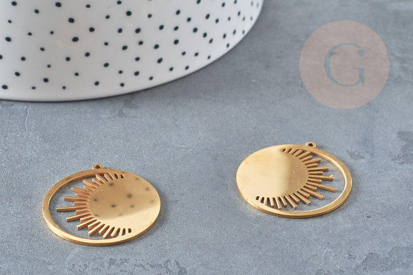 Pendentif rond soleil acier inoxydable doré 32mm, x1 (G6161)