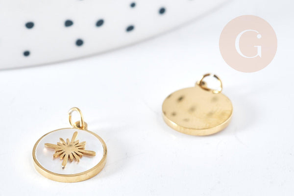 Pendentif rond soleil nacre acier inoxydable 316L doré 12.5mm, x1 (G8773)