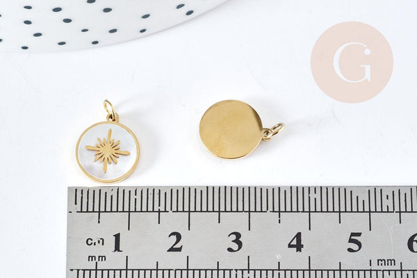 Pendentif rond soleil nacre acier inoxydable 316L doré 12.5mm, x1 (G8773)