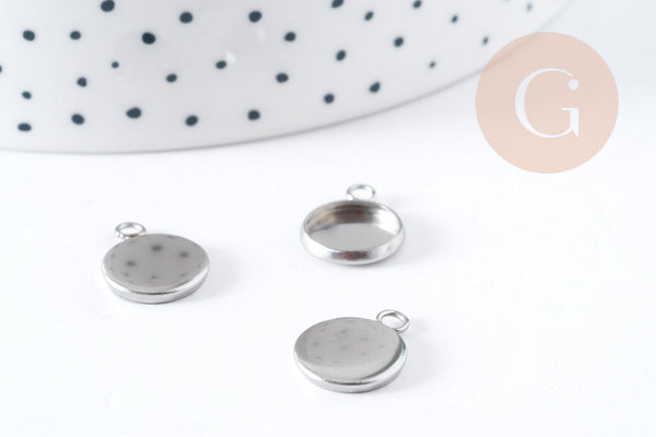 Pendentif rond support cabochon acier 304 inoxydable platine 15mm, x10 (G8940)