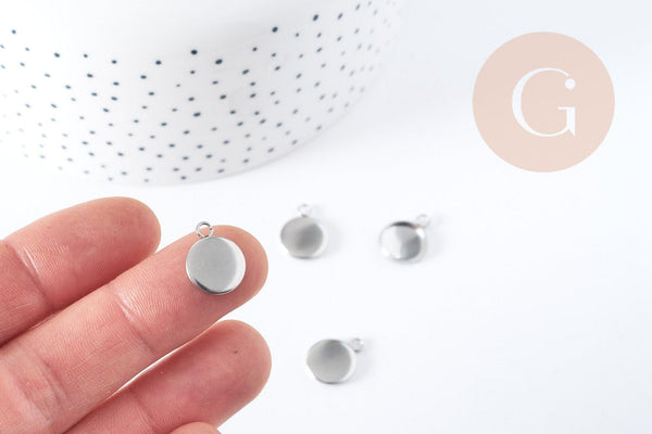 Pendentif rond support cabochon acier 304 inoxydable platine 15mm, x10 (G8940)