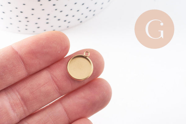 Pendentif rond support cabochon acier inoxydable doré IP 12mm, x2 (G10195)