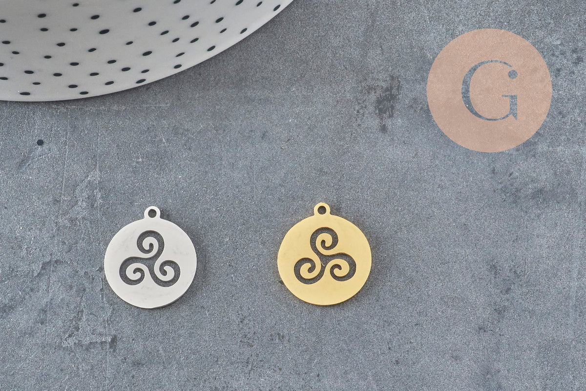 Pendentif rond triskel acier 201 inoxydable platine 17.5mm, x1 VALIDE-Breloques et pendentifs-Gingerlily Perles