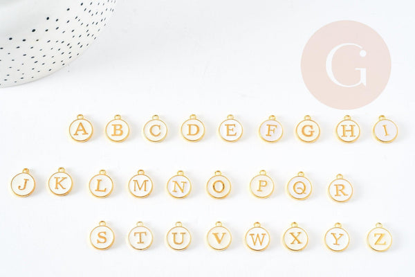 Pendentif rond zamac doré initiale alphabet émail blanc 14mm, x1 (G2522)
