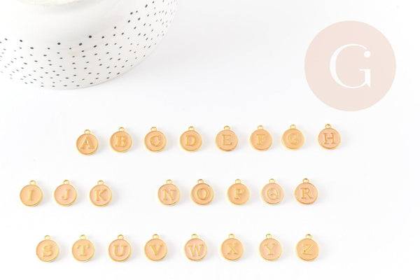 Pendentif rond zamac doré initiale émail beige 14mm, x1 (G3204)