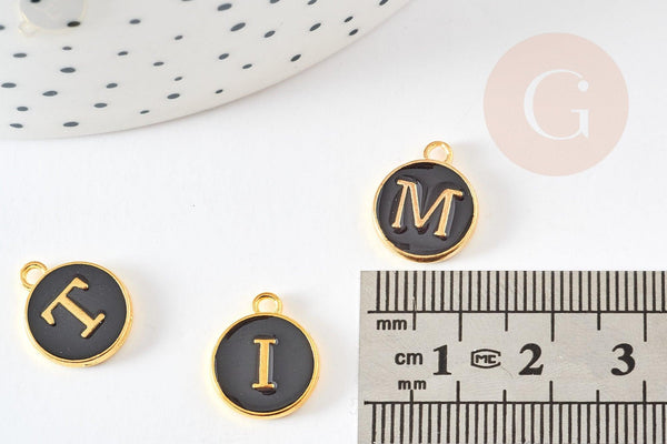 Pendentif rond zamac doré initiale émail noir 14mm, x1 (G2868)