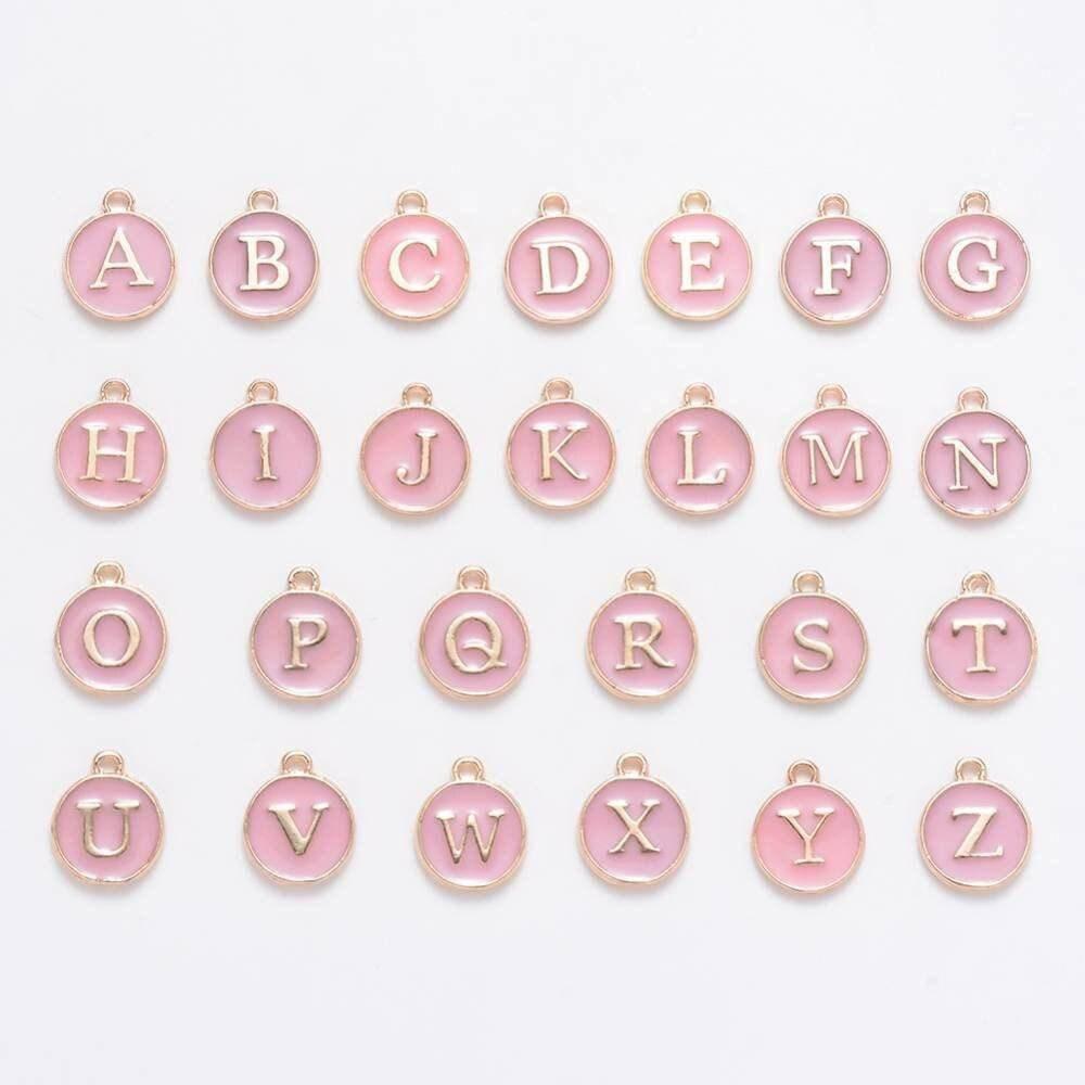 Pendentif rond zamac doré initiale émail rose clair 14mm, x1 (G2933)