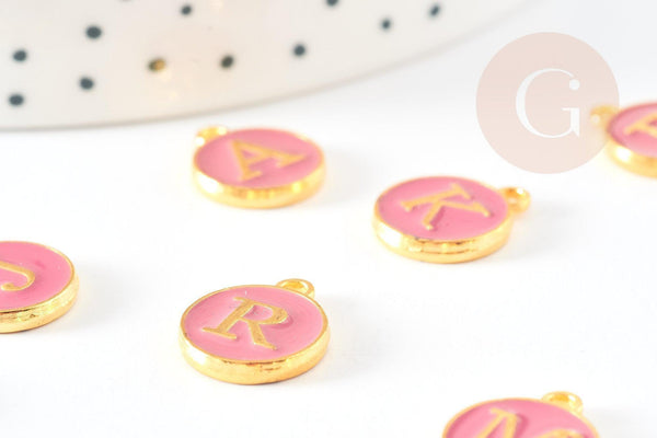 Pendentif rond zamac doré initiale émail rose foncé 14mm, métal doré, pendentif initiale,création bijoux,14mm, x1 G2934