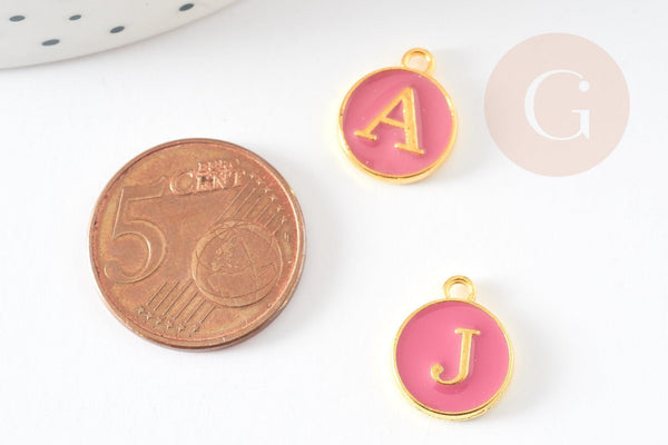 Pendentif rond zamac doré initiale émail rose foncé 14mm, métal doré, pendentif initiale,création bijoux,14mm, x1 G2934