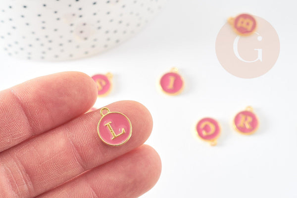 Pendentif rond zamac doré initiale émail rose foncé 14mm, métal doré, pendentif initiale,création bijoux,14mm, x1 G2934