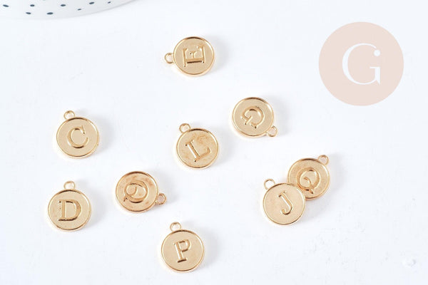 Pendentif rond zamac doré initiale pour émail 14mm, x1 (G8589)