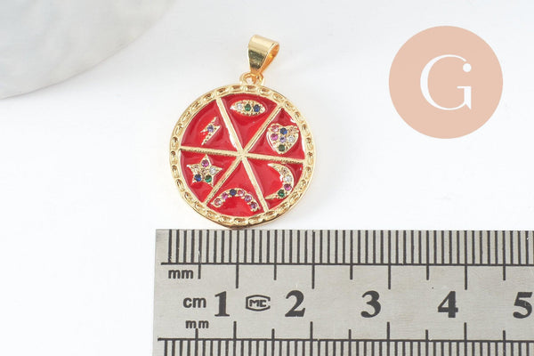Pendentif rondzodiaque émail laiton doré 22.5mm, x1 (G5334)
