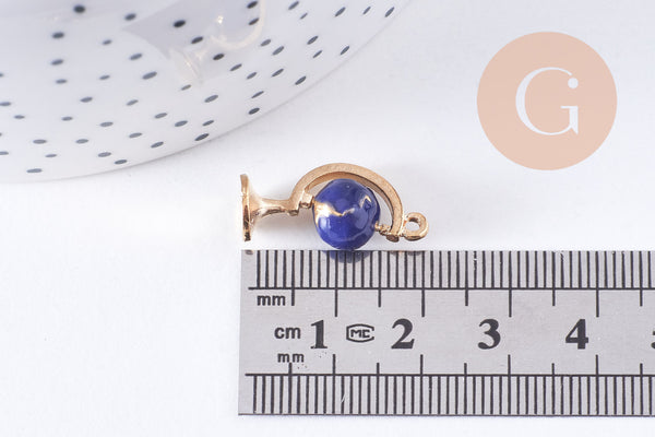 Pendentif rotatif globe terrestre monde émail bleu zamac doré 22mm, x1 (G4365)