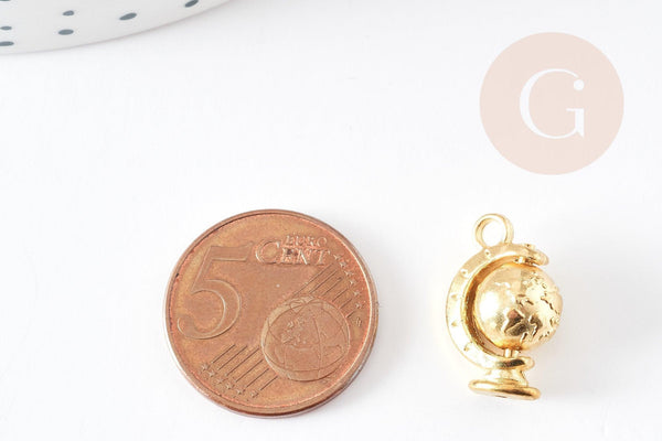 Pendentif rotatif globe terrestre zamac doré 18mm, pendentif mobile bijou voyage, x2 (G5239)