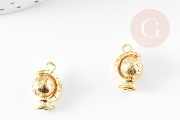 Pendentif rotatif globe terrestre zamac doré 18mm, pendentif mobile bijou voyage, x2 (G5239)