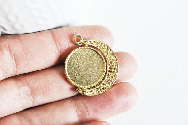 Pendentif rotatif lune pour cabochon zamac doré 30.5mm, bijou mobile création , x1 (G5323)