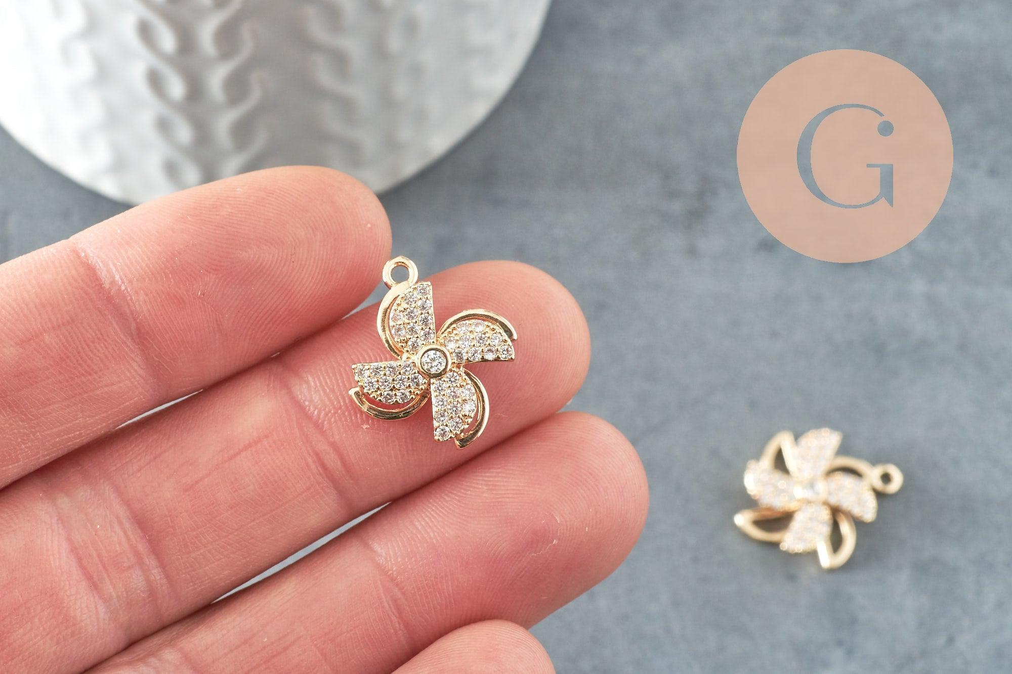 Pendentif rotatif moulin à vent doré cristal zircon 20mm, x1 (G3596)