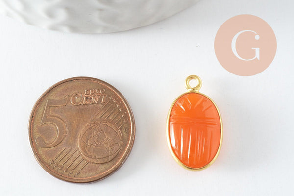 Pendentif scarabée cornaline naturelle argent 925 doré 18K 20mm, création bijou talisman en pierre x1 G9443