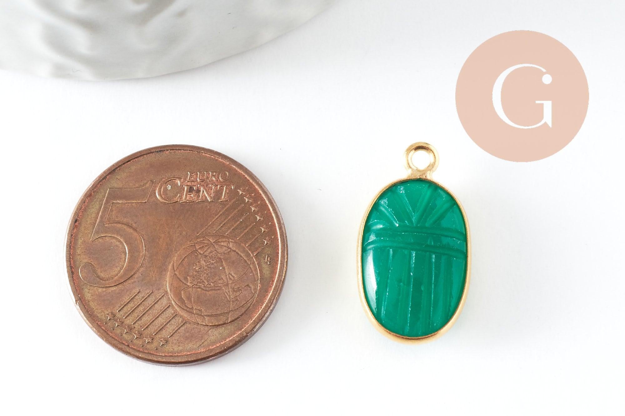 Pendentif scarabée onyx verte naturel argent 925 doré 18K 20mm, création bijou talisman en pierre x1 (G9442)