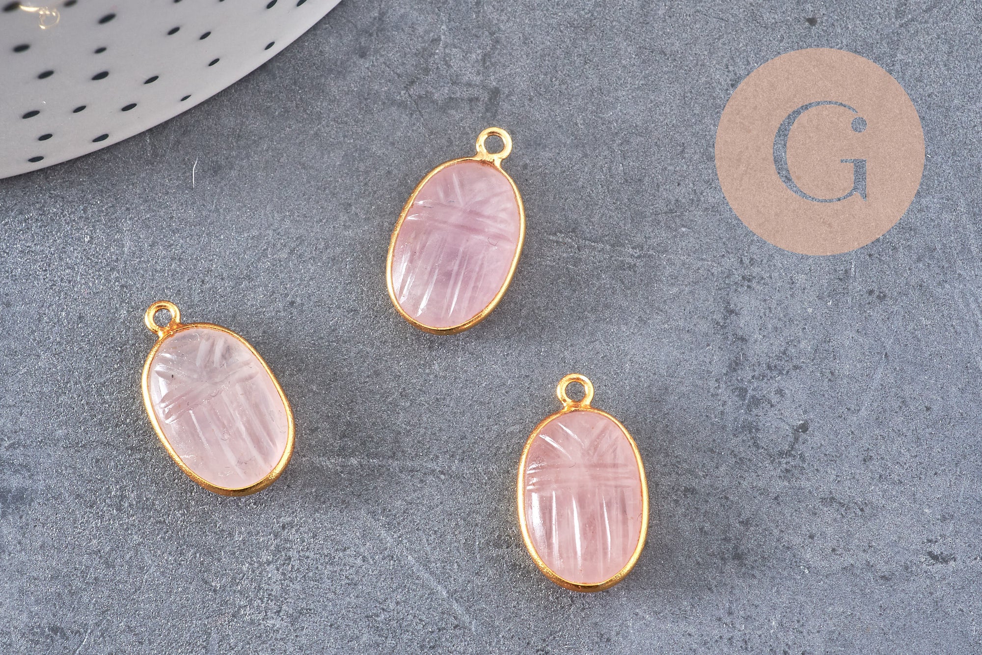 Pendentif scarabée quartz rose naturel argent 925 doré 18K 20mm, x1 (G10853)