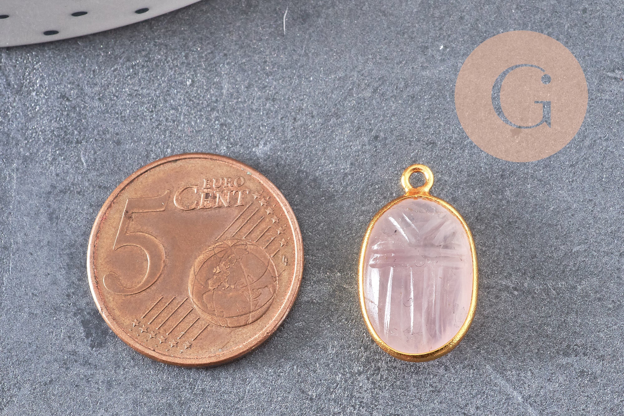 Pendentif scarabée quartz rose naturel argent 925 doré 18K 20mm, x1 (G10853)