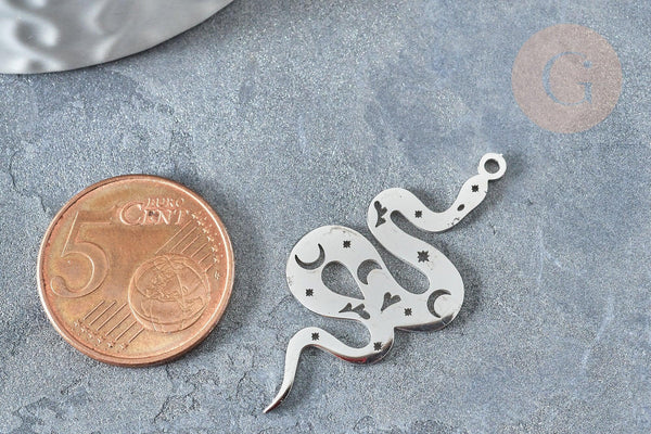 Pendentif serpent lune platine acier inoxydable 32mm, x1 (G7616)