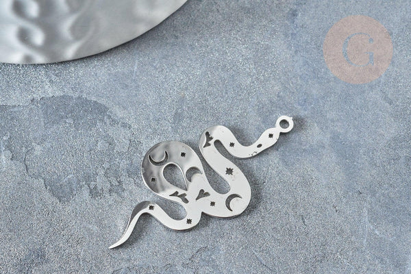 Pendentif serpent lune platine acier inoxydable 32mm, x1 (G7616)