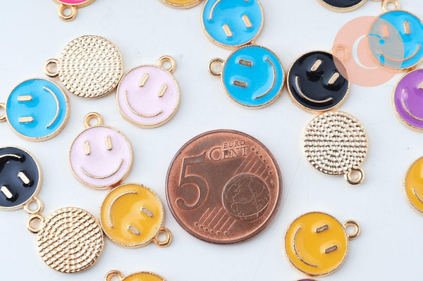 Pendentif smiley zamac doré émail multicolore 12mm, x5 (G6105)