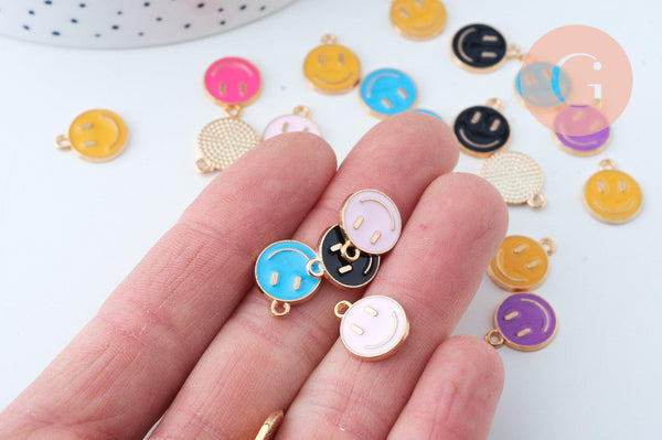 Pendentif smiley zamac doré émail multicolore 12mm, x5 (G6105)